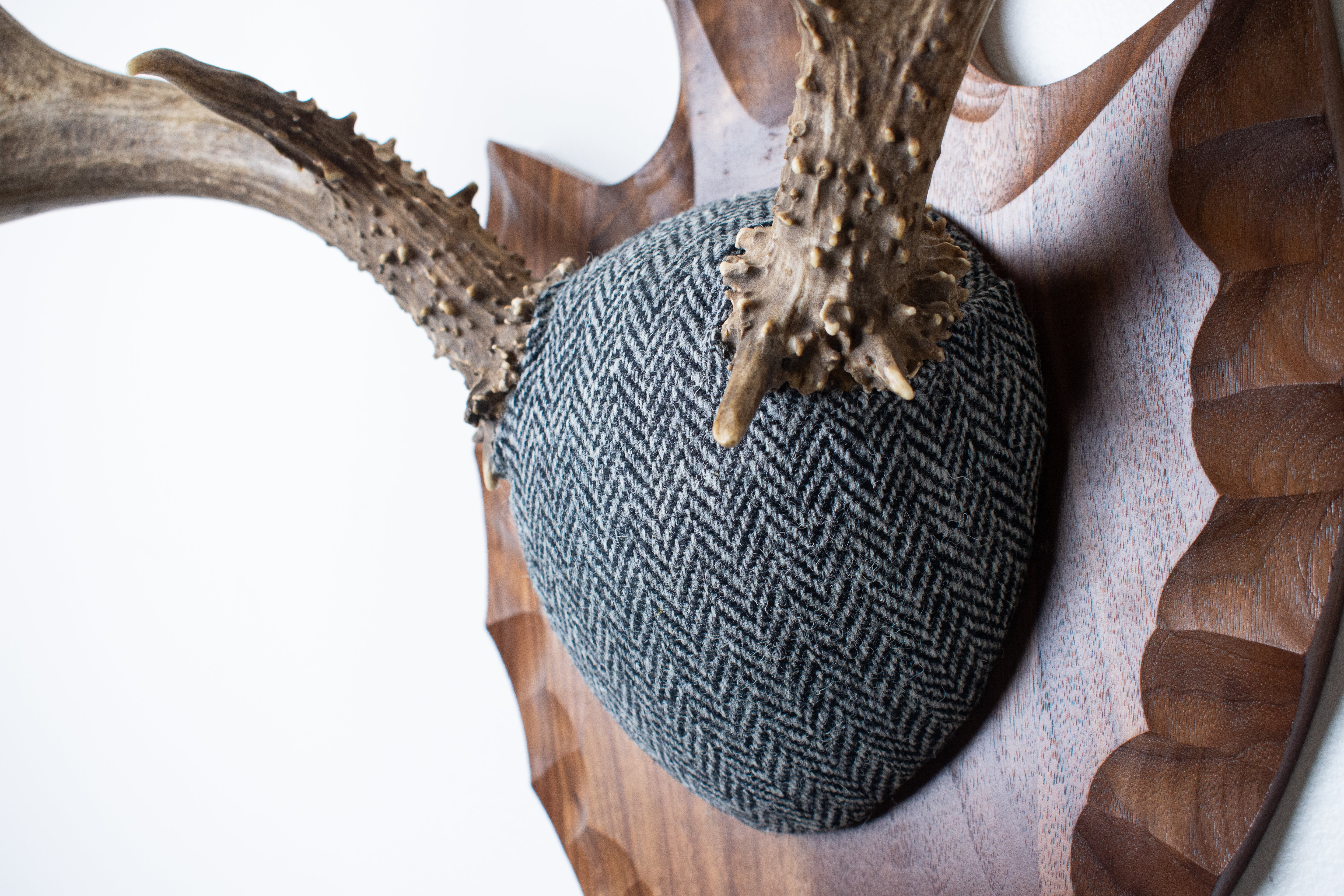 Textured gray stone with herringbone pattern on a wooden surface with antlers